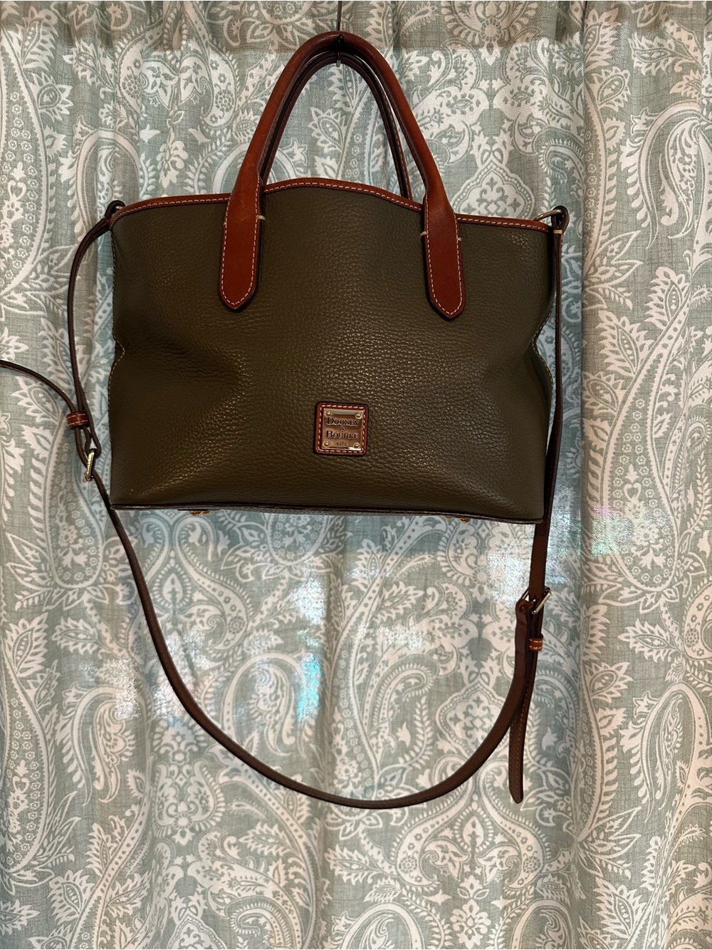 Dooney & Bourke Olive Pebble Leather Tote with Brown Trim